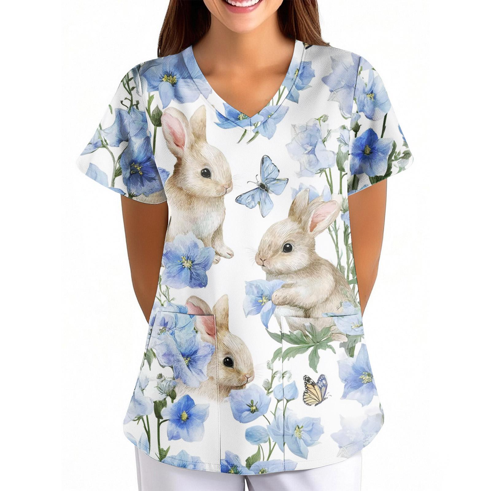 

Women s Easter Print Loose V-Neck Pocket Short-Sleeve Caregiver/ Uniform XL жовтий