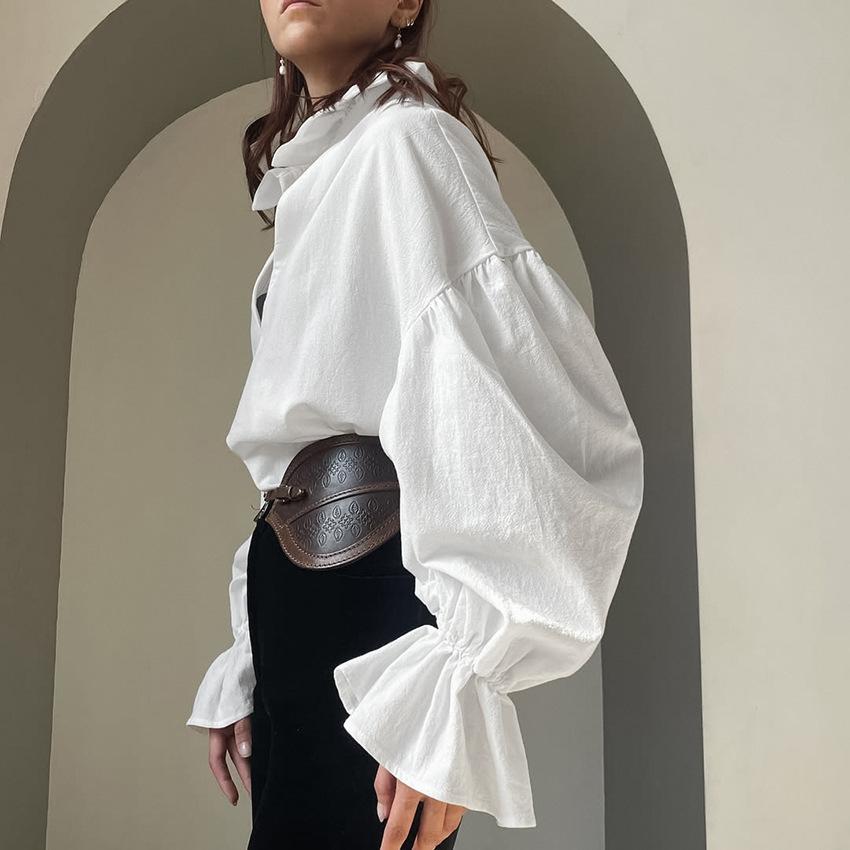 Court style pure cotton wrinkled white shirt women's 1116 spring high-end loose v-neck bubble sleeve long-sleeved top