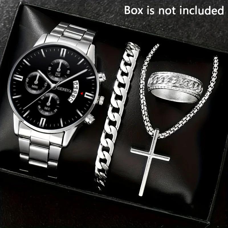 4-Piece Men's Watch Necklace Ring Bracelet Set Gold Plated Alloy Jewelry Luxurious Fashionable Party Gift