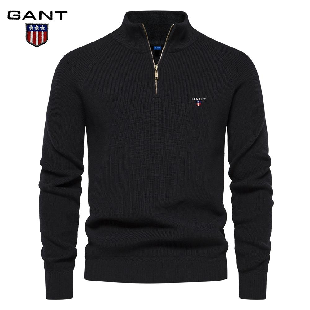 Gant Autumn and Winter Embroidery New Men's Semi Open Sweater Men's Long Sleeved Stand Up Collar Solid Color Versatile Casual Top