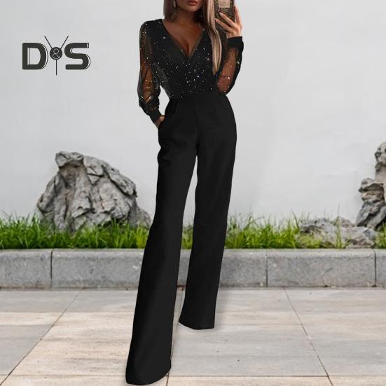 Jumpsuit for kvinner Gjennomsiktig mesh patchwork høy midje med lommer brede ben V-hals ballfest formell bankett jumpsuit