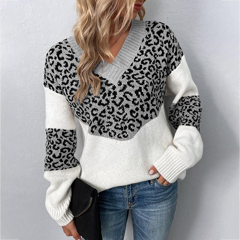 Autumn Winter Vintage Loose Long Sleeve Top Leopard Cardigan Knitwear V-Neck Sweater