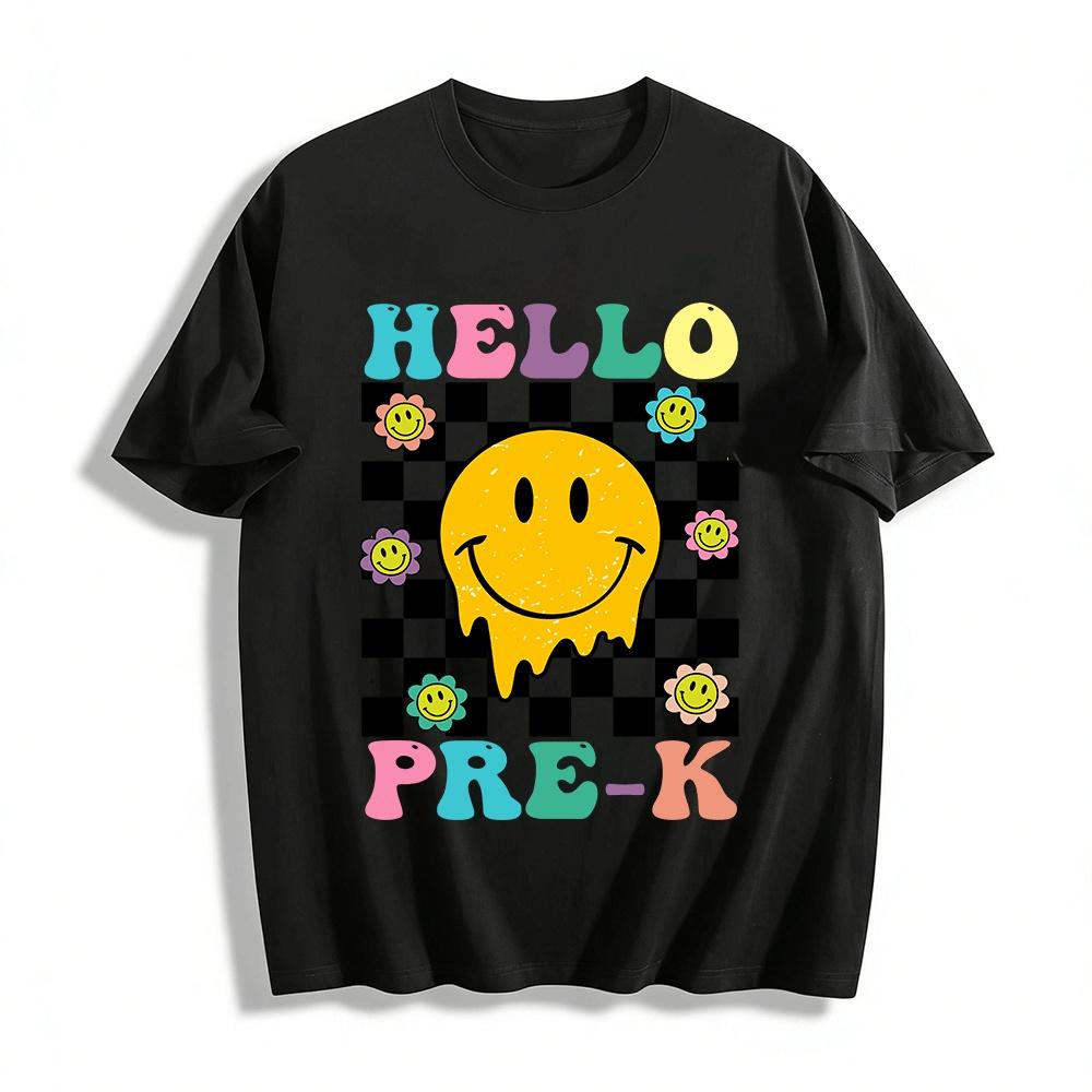 

Hello Pre-K Melting Smiley Checkerboard Graphic Tee Shirt Pure cotton T-shirt XXS