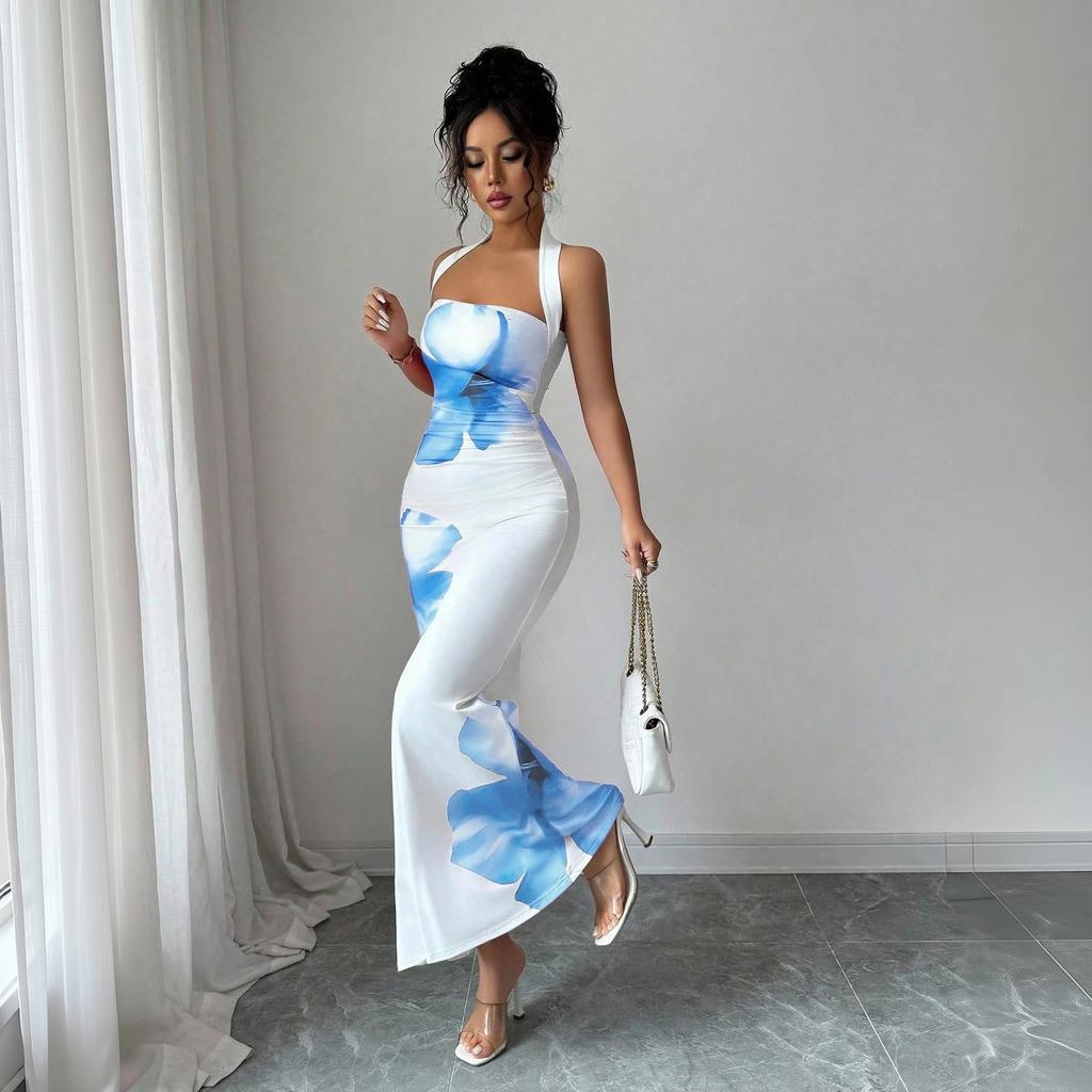 Women's Halter Neck Backless Bodycon Maxi Dress Floral Print Sleeveless Summer Long Dress