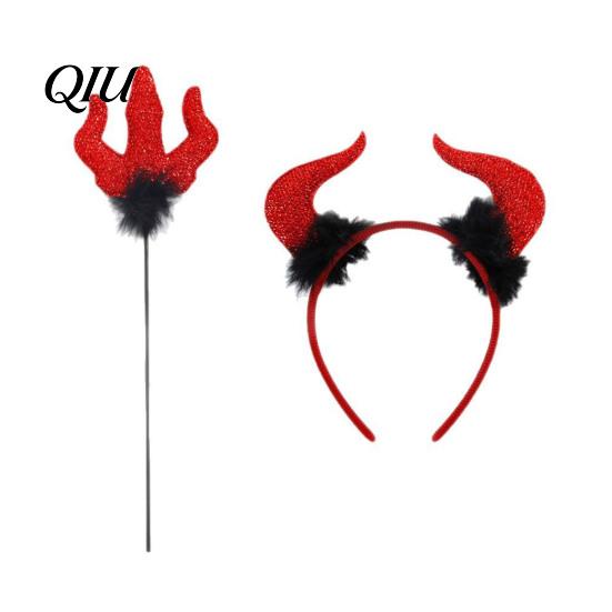 Devil Horn Headband Halloween Red Costume, Glitter And Trident Prop Themed Photography Props for Cosplay, Masquerade Party Performance