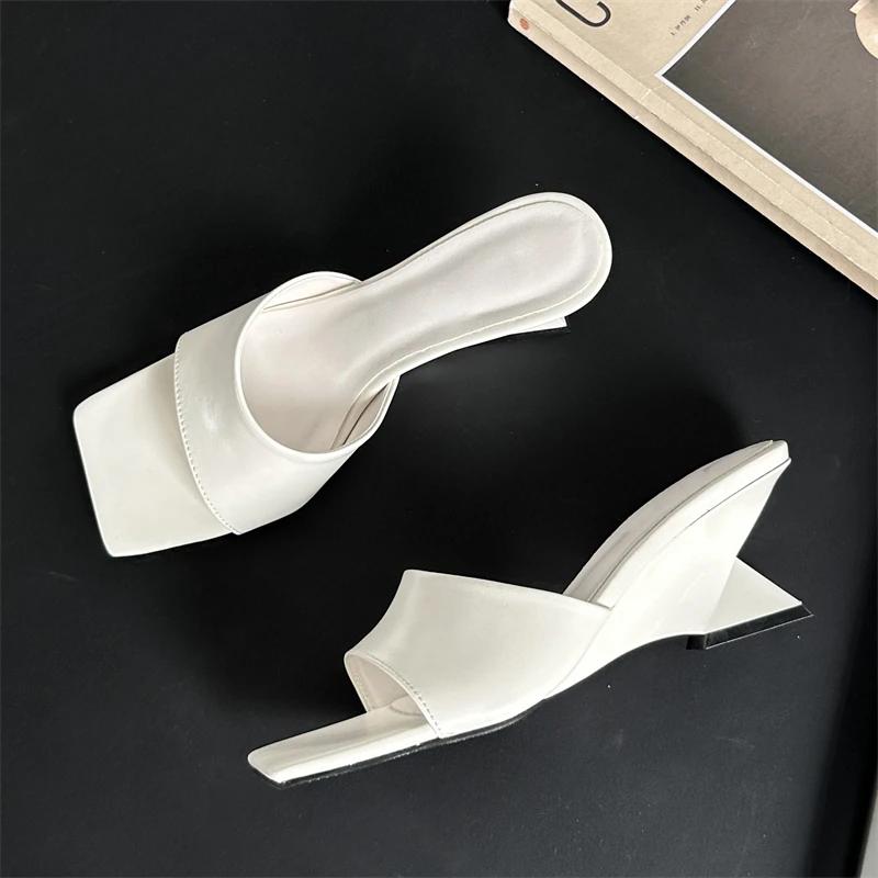 Fashion Eilyken 2025 New Design Concise Wedges High Heels Women Slippers Square Toe Party Dress Slides Summer Shoes