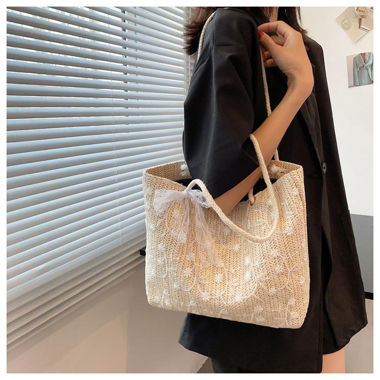 Summer New Korean Version Lace Straw Woven Large-capacity Tote Bag Portable Shoulder Shopping Bag Perfect for Everyday Use, Travel & Beach Outings
