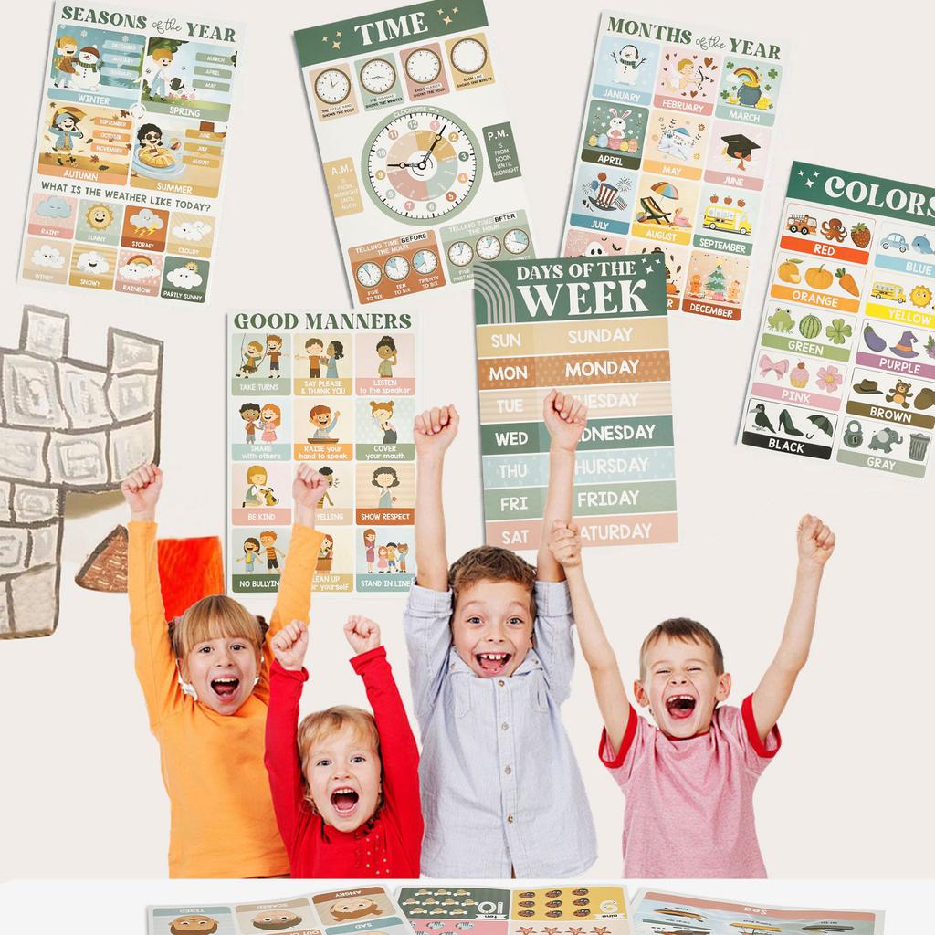 18Pcs Assorted Theme Education Poster Alphabet Number Color Shape Wall Art Prints Canvas Painting Wall Pictures Classroom Decor