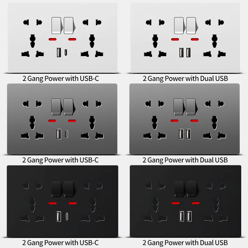 Universal Wall Socket with USB-C USB Charger & Switches- 2 Gang Power Outlet With LED, Flush Mount, AC 110-250V