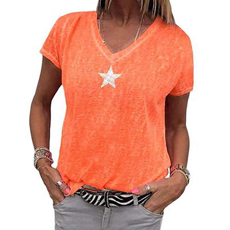 

Стильная женская футболка с V-образным вырезом, повседневная, свободная, со звездами, летняя, однотонная, с коротким рукавом, идеально подходит для активного отдыха Orange,2XL
