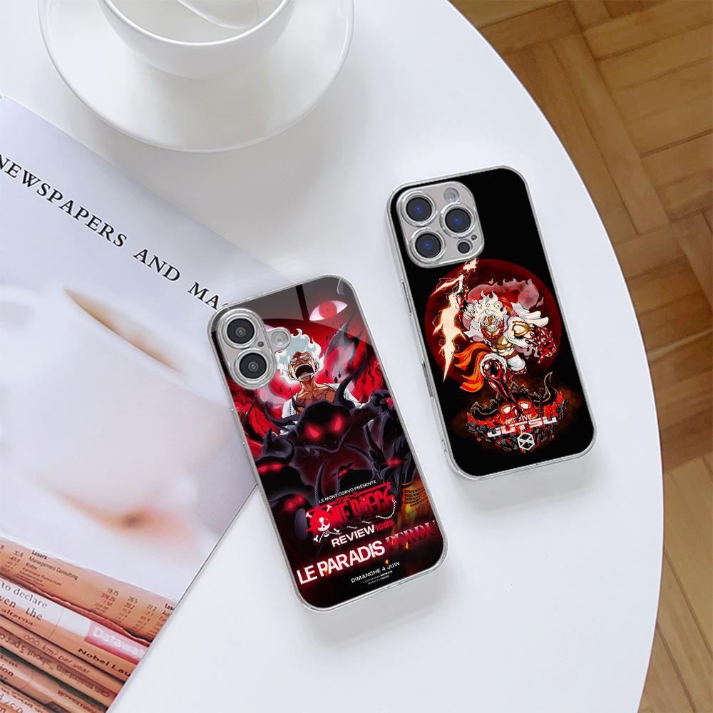 N128 Anime One Piece Gear 5 Phone Case for iPhone 16 15 13 Pro Max Samsung S24 S23 A54 A35 Xiaomi Redmi Note 13 Pro Plated Frame Tempered Glass Cover