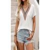 Women Ethnic Vacation Style Jacquard Lace Patchwork V Neck Batwing Short Sleeve Top