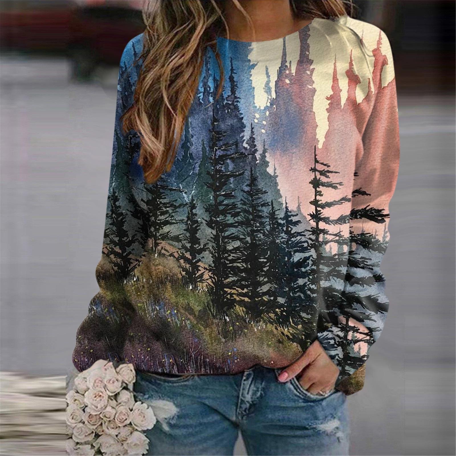 Толстовки с 3D-принтом «Лесные деревья» Женские повседневные регланы с длинными рукавами Худи Женские пуловеры Харадзюку Y2k Топы Женская одежда L