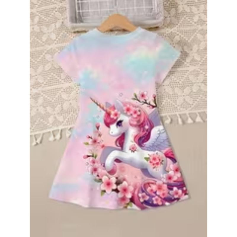 2026 New Trendy Cute Unicorn 3D Print Floral Princess Dress Casual Personalized Print Clothing for Girls