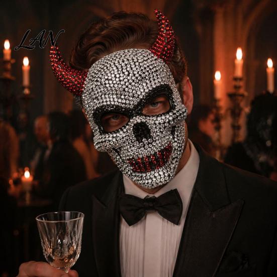 Unique Halloween Event Mask Rhinestone Mask, Sparkly Faux Crystal Demon Horn Masquerade Breathable Face Lightweight Full Cosplay Prop for Party