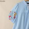 ZANZEA Women Casual V-Neck Summer Short Sleeve Embroidery Stripe Blouse