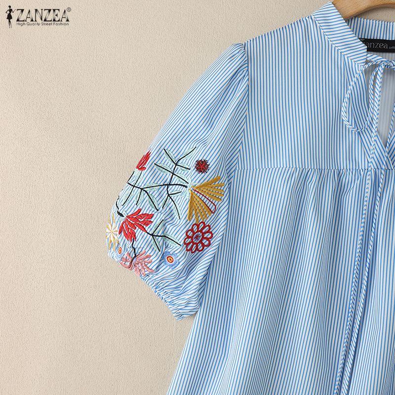 ZANZEA Women Casual V-Neck Summer Short Sleeve Embroidery Stripe Blouse