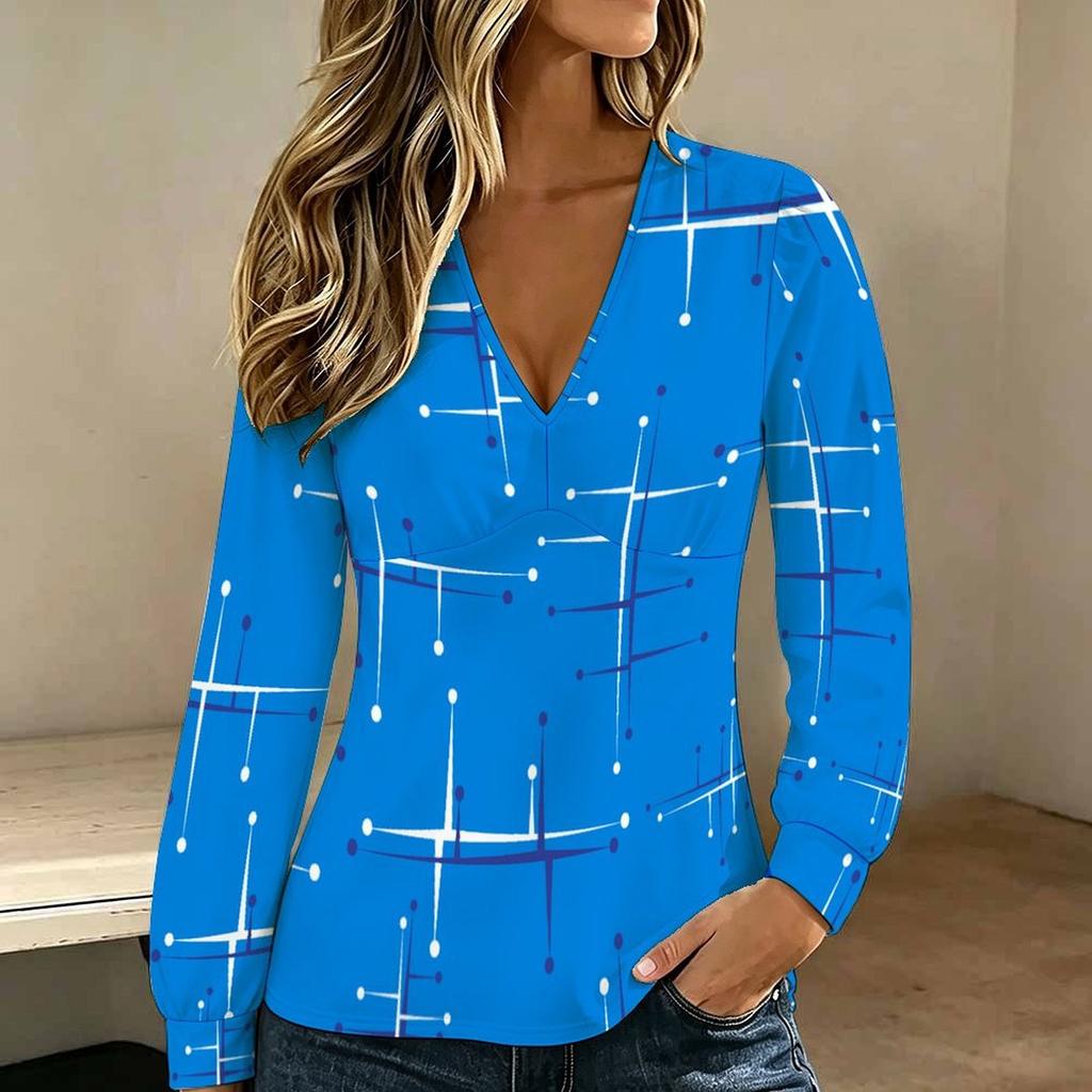 Women Plus Size V Neck Long Sleeve Blouse Vertical Stripe Print Puff Sleeve Casual Office Daily Top