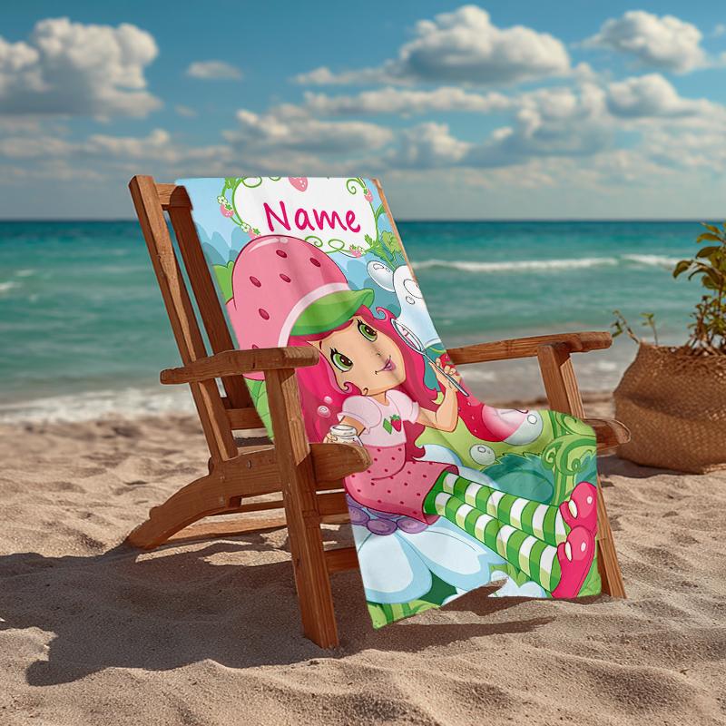 Custom Name Ultra-Soft Beach Towel with Strawberry Shortcake Theme,Ideal for Pool - Camping, Diving - Perfect Travel Essential, Vibrant Beach Towel.