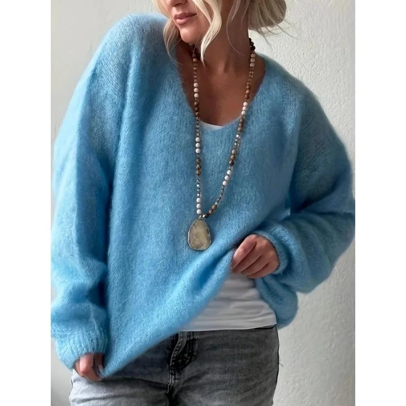 V-neck Long Sleeved Pullover Casual Sweater Women Autumn Winter Knitted Jumper Fashion Solid Color Loose Thin Clothes