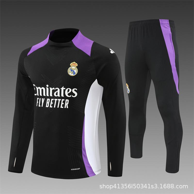 Maglia da Allenamento da Calcio Real Madrid a Maniche Lunghe Mezza Zip Tuta per Adulti e Bambini Stampa Maglia Mbappe