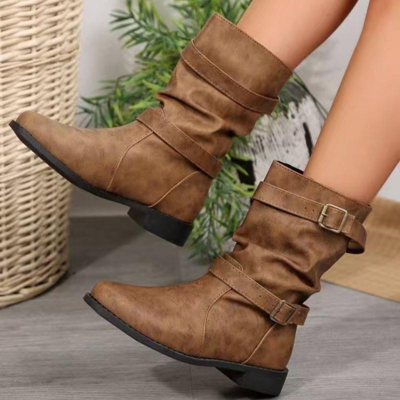 Autumn And Winter New Large-size Fashion Niche Korean Version British Style Low-heeled Retro Fashion Boots Medium Boots