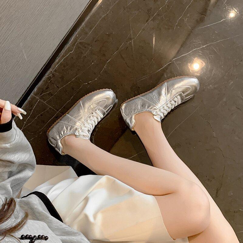 Silver German Training Shoes Women's Laces 2025 Spring New Retro Versatile Casual Shoes Flat Sports Ballet Single Shoes