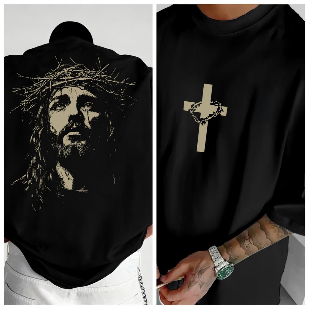 2026 New Year Hot Selling American Round Neck Tshirt with Thorn Crown and Jesus StatueThorn Cross Print On Chest