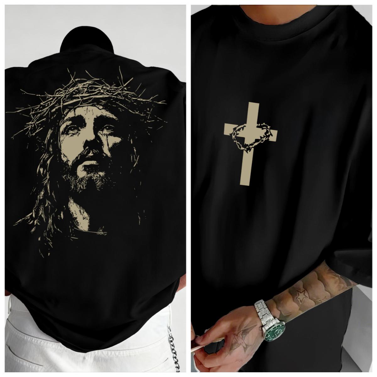 GUOYAN TOP 2026 Nieuwjaar Hete Verkoop Amerikaans Rond Hals T-shirt met Doornenkroon en Jezus BeeldDoornenkruis Print op Borst L