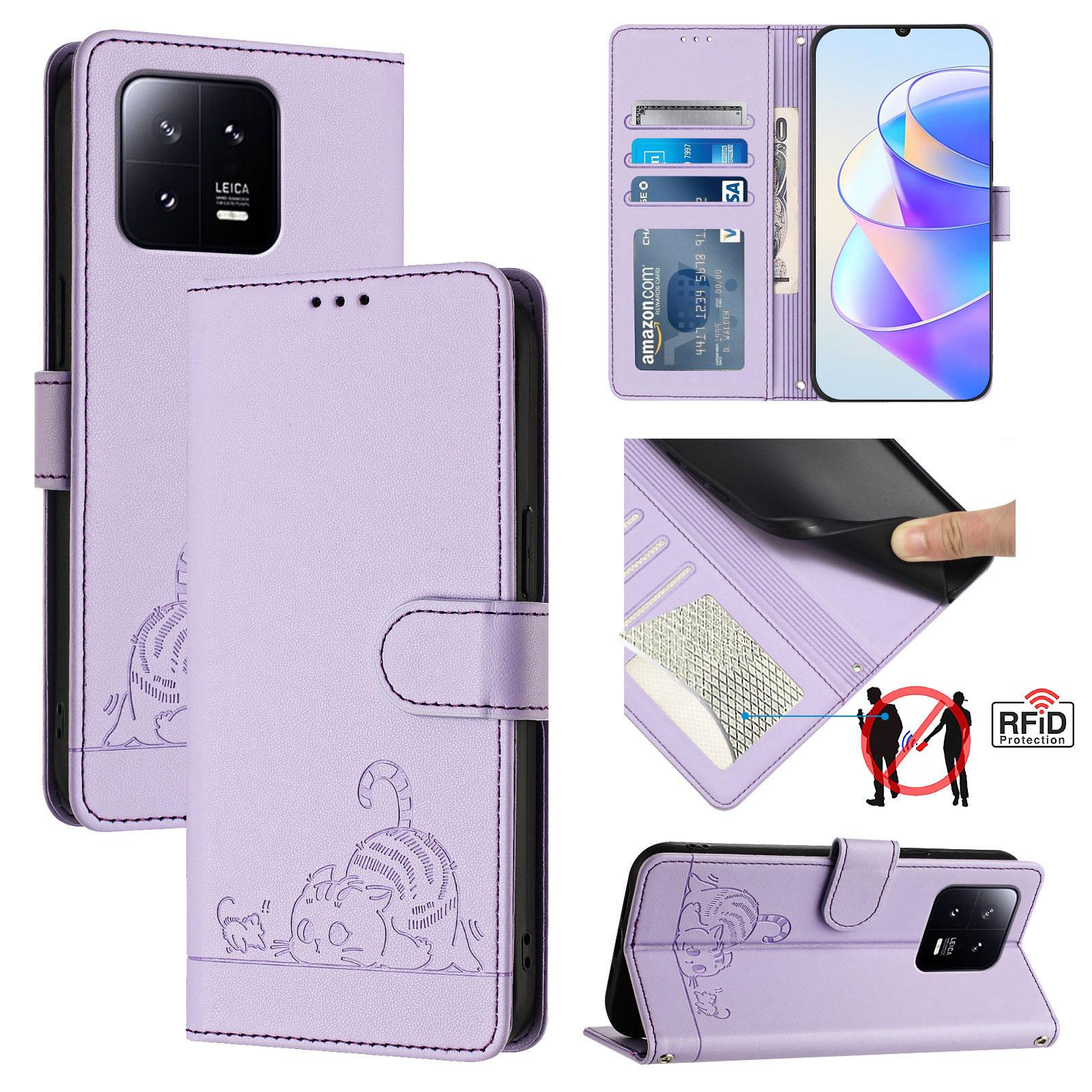 

For Xiaomi 13 Case with Strap RFID Blocking Leather Wallet Phone Cover Cat Mouse Pattern Purple