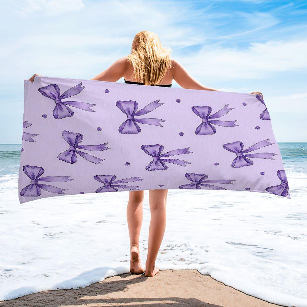 Cute Purple Bow Print Beach Towel Bath Towel Quick Dry Sand Free Soft Microfiber Towel for Swimming Pool Travel Home Decor