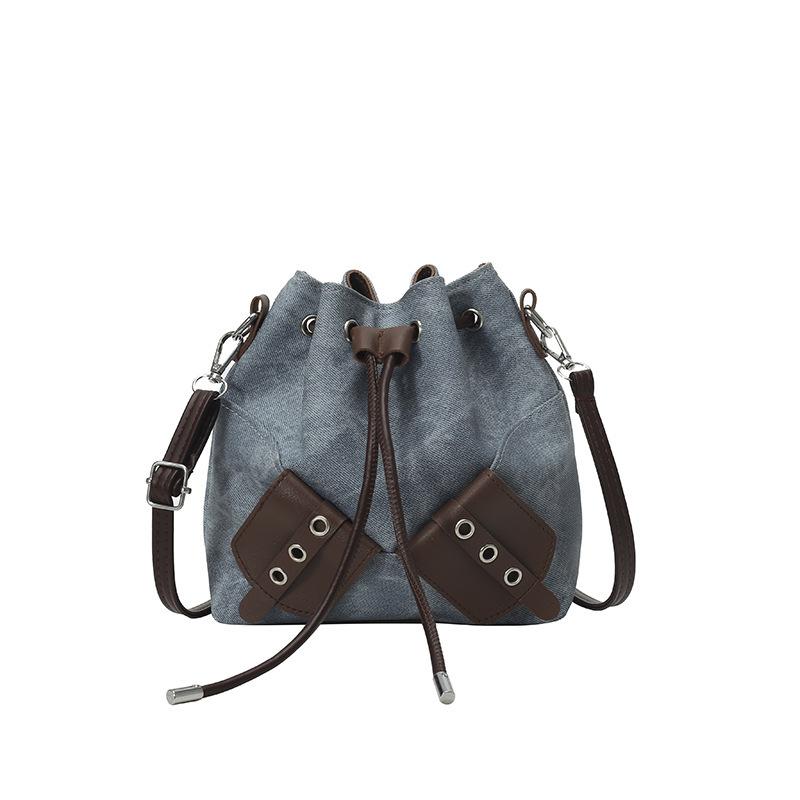 Personalized Simple Messenger Bucket Bag Women's 2025 Autumn New Korean Version Bow Fashion Drawstring Splicing Shoulder Bag