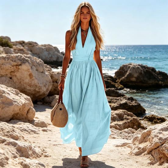 Yousheng Summer Women Sleeveless Long Dress, Deep V Neck Slim Waist Ruffle Swing Dress, Solid Color Casual Ankle Length Maxi