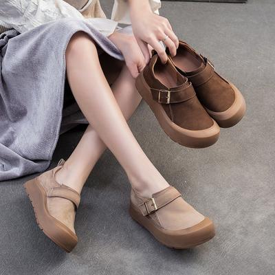 Handgemachte Retro-Damenschuhe mit dicker Sohle, echtes Leder, runde Zehenpartie, vielseitige flache Schuhe