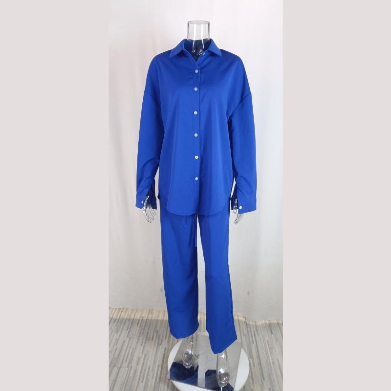 Jesienno-zimowa luźna, elastyczna, pognieciona koszula z długim rękawem, spodnie z szerokimi nogawkami, komplet wypoczynkowy damski dwuczęściowy