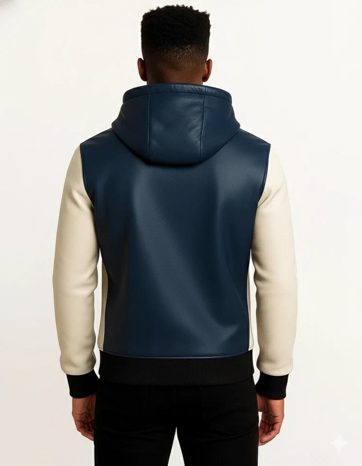 Men's Classic Jacket Handmade Hoodie Navy Blue Lambskin Leather Genuine Biker