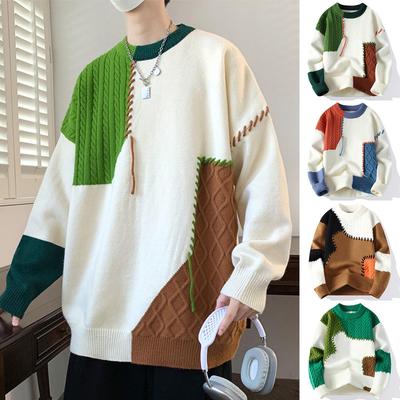 Pull tendance pour homme à blocs de couleurs et torsades - Coupe ample, chaud, Automne/Hiver