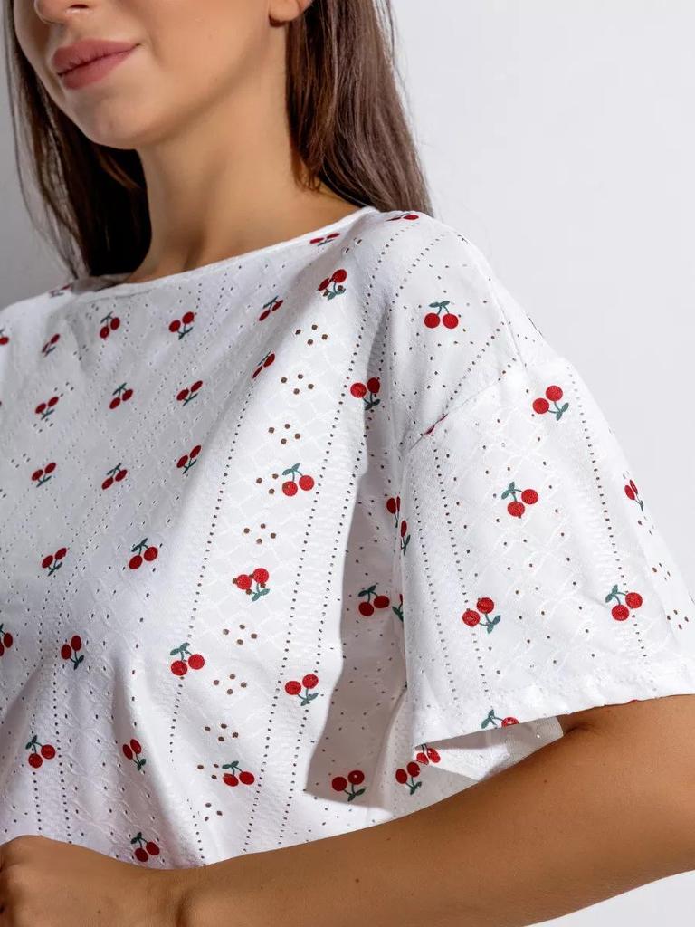 Europese Stijl Hart Kersenprint Korte Mouw Pyjamaset