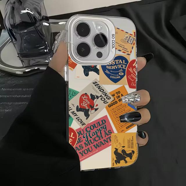 Stylový patchwork s razítky pro iPhone 16 15 14 13 12 11 Pro Max Ochranný kryt na telefon proti pádu Funda Bumber