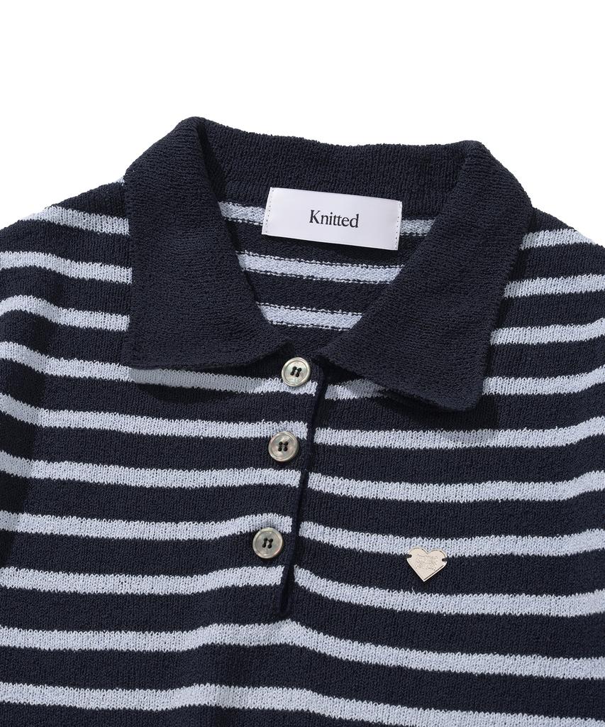 KNITTED (W) Boucle Stripe Collar Knit Navy