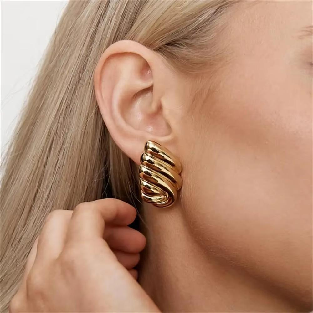 Premium Stainless Steel Striped Texture Earrings Three Layer Metal Knot Geometric Wing Hemispheres Stud Lightweight Jewelry Gift