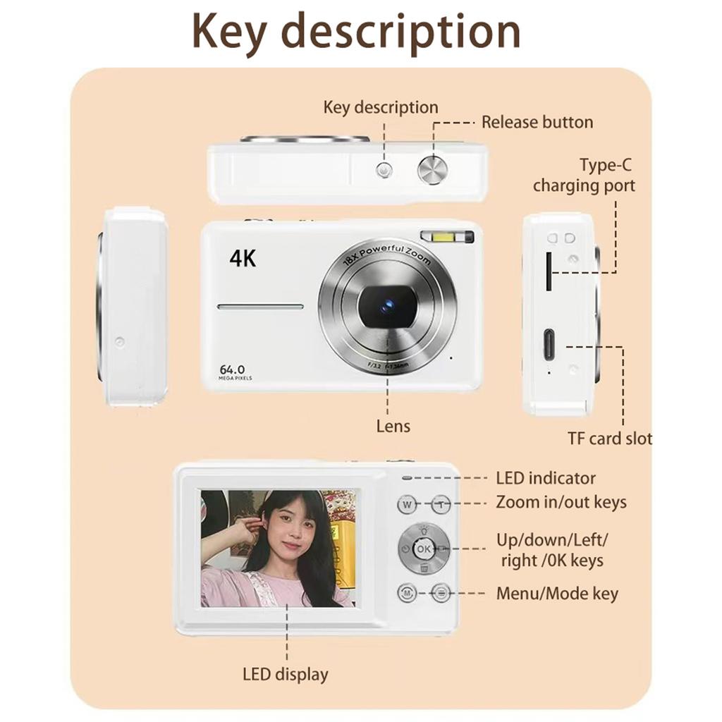 4K/30FPS Digital Camera 64MP Digital Video Camera 2.88 Inch Screen 18X Digital Zoom Built-in