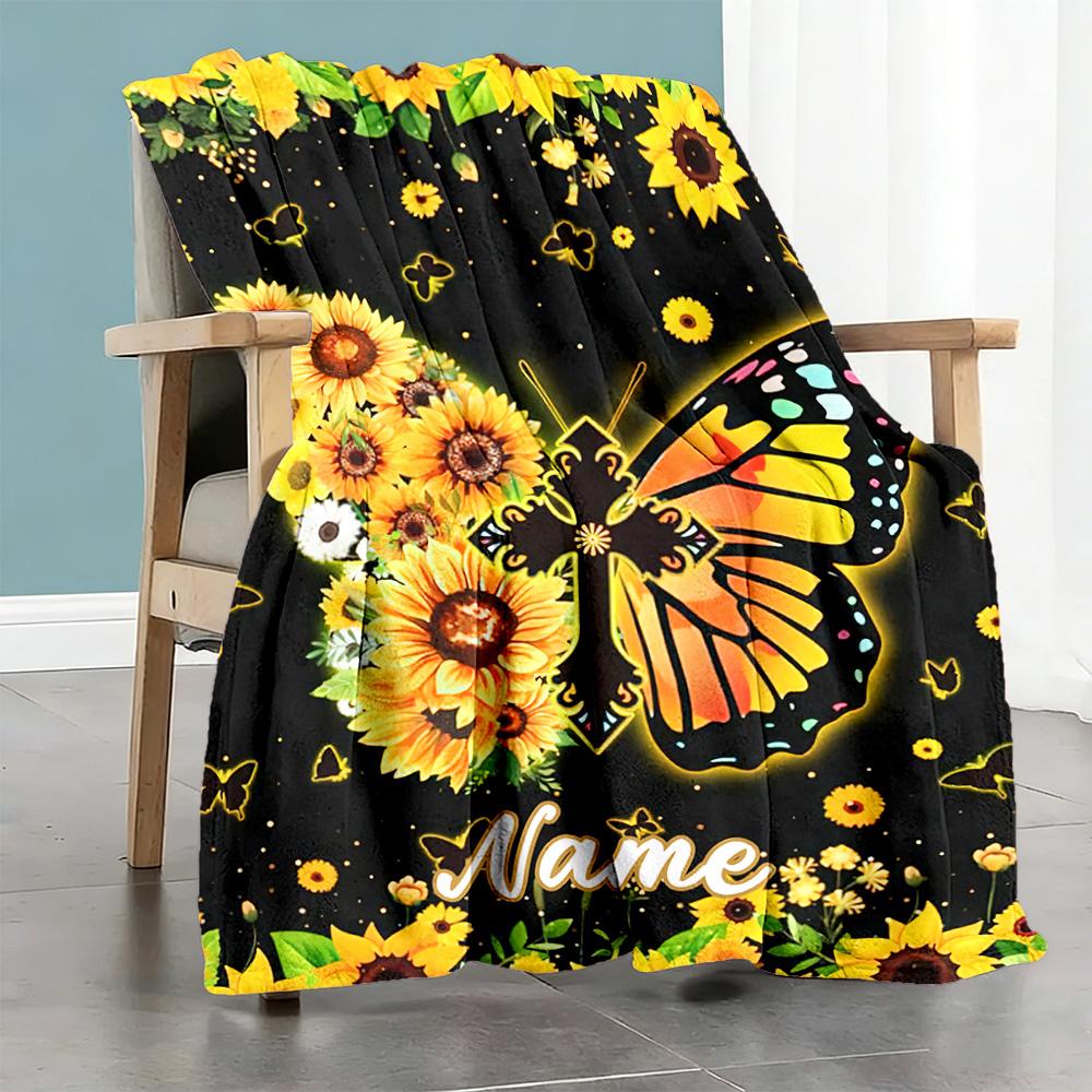 Sunflower Butterfly Customize Your Name Blanket Throw Customizable Blanket Warmthful Decor Throw For Bedding Couch Living Room Chair