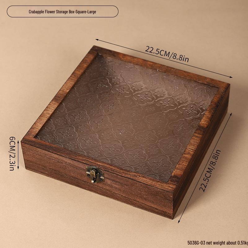 Retro Begonia Glass Lid Wooden Storage Box for Cosmetics, Snacks, Candy, and Documents - Dustproof and Multifunctional