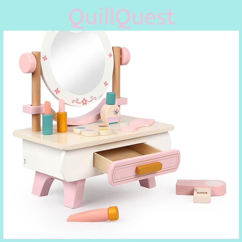 Children Wooden Role Play Makeup Table With Interactive Features For Girls Playroom Decor