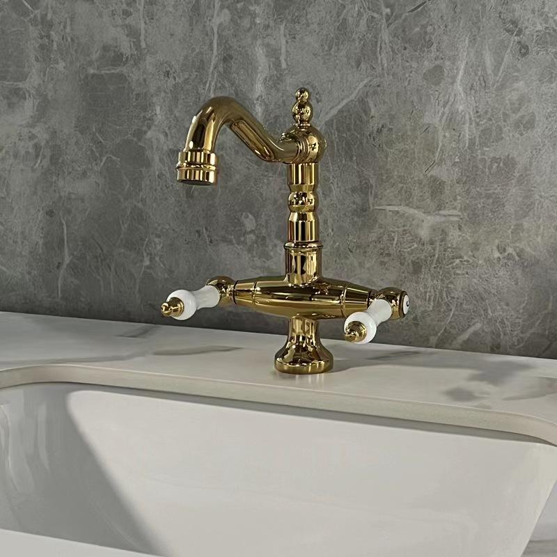 French vintage Faucet European Gold Double handle Faucet Bathroom sink faucet ceramic Single Hole Hot and Cold Faucet 66035