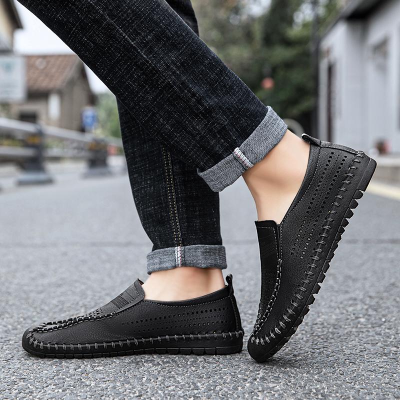 Men Loafers Brown Hiking Shoes Slip On Handmade Driving Shoes Casual Leather Wide Outdoor Summer Shoes for Father Plus Size