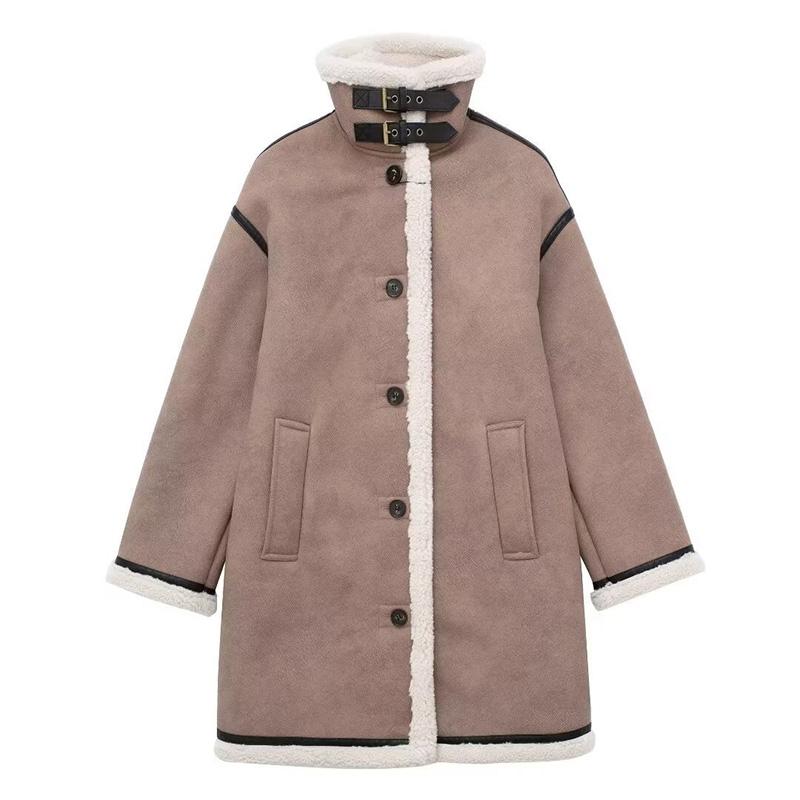 

Зимние свободные женские пальто, модное однотонное отложной воротник, длинные рукава, карманы, однобортное женское повседневное толстое пальто L светло-коричневого