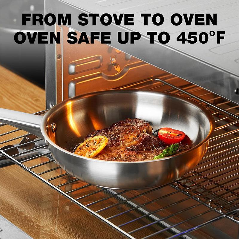8/10 Inch Tri-Ply Stainless Steel Frying Pan No Coatings Skillet Professional Cooking Skillet Induction Compatible Pan Oven Safe