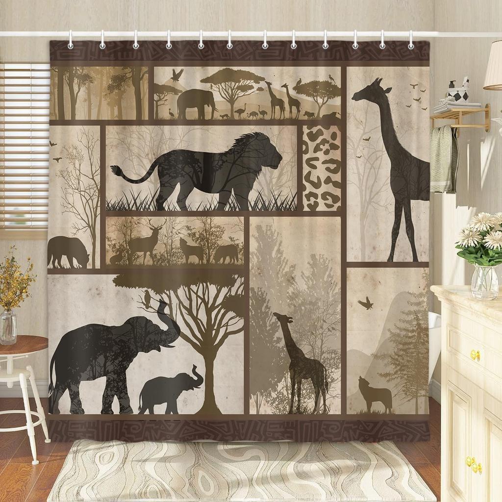 African Shower Curtain for Bathroom Elephant, Giraffe, Leopard Print  Cabin Tropical Forest Decorative Curtain With Hooks